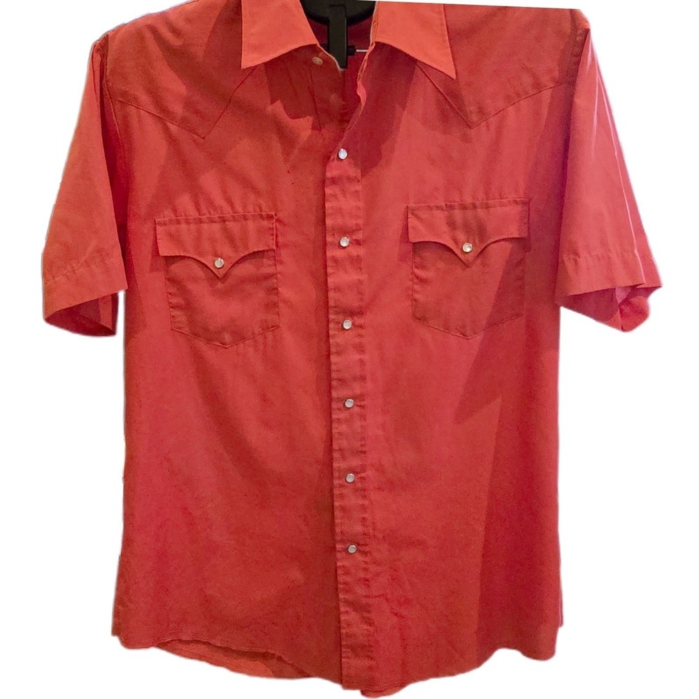 Vtg 70s Western Pearl Snap Shirt L Red Dagger Collar Distressed Short Sleeve